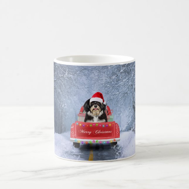 Havanese Dog in Snow sitting in Christmas Truck   Coffee Mug (Center)