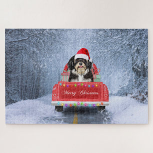 Havanese Dog in Snow sitting in Christmas Truck Jigsaw Puzzle