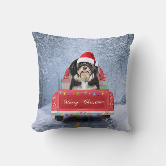 Havanese Dog in Snow sitting in Christmas Truck Throw Pillow (Front)