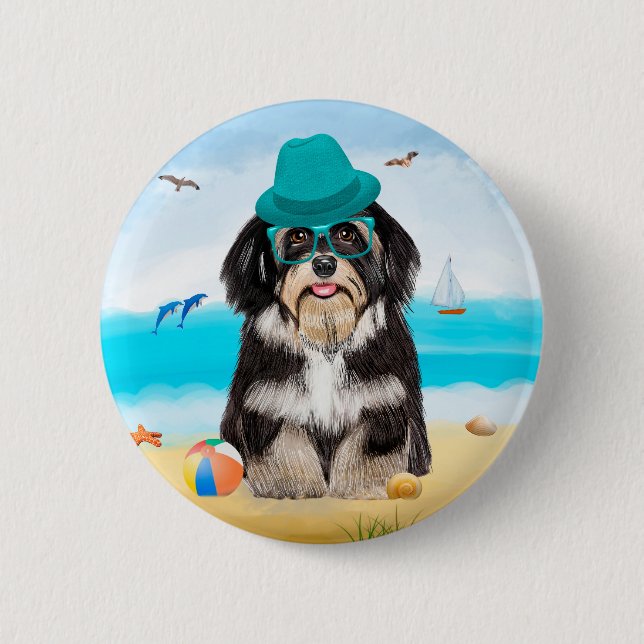 Havanese Dog on Beach 2 Inch Round Button (Front)