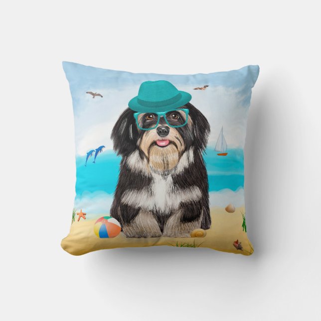 Havanese Dog on Beach Throw Pillow (Front)