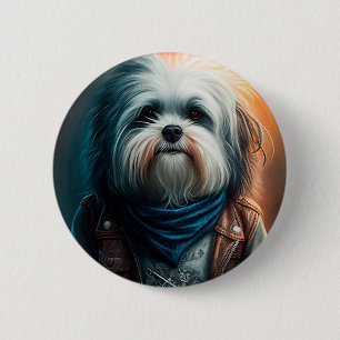 Havanese dog on bike digital painting 2 inch round button