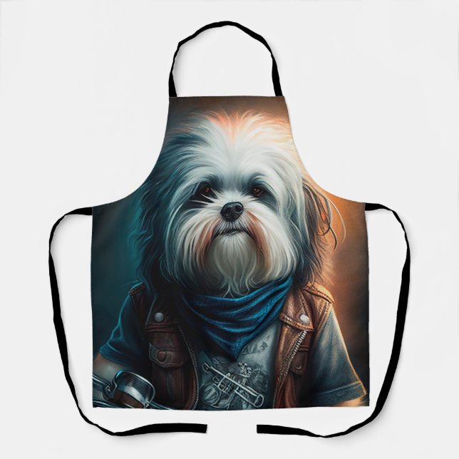 Havanese dog on bike digital painting  apron (Front)