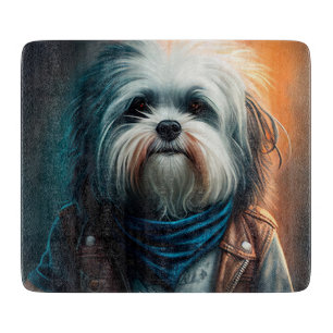 Havanese dog on bike digital painting  cutting board