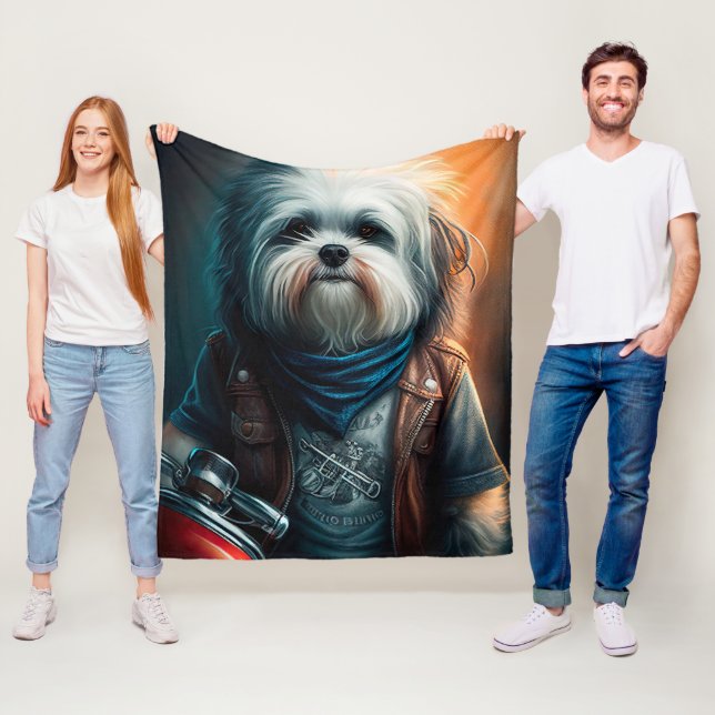 Havanese dog on bike digital painting fleece blanket (In Situ)