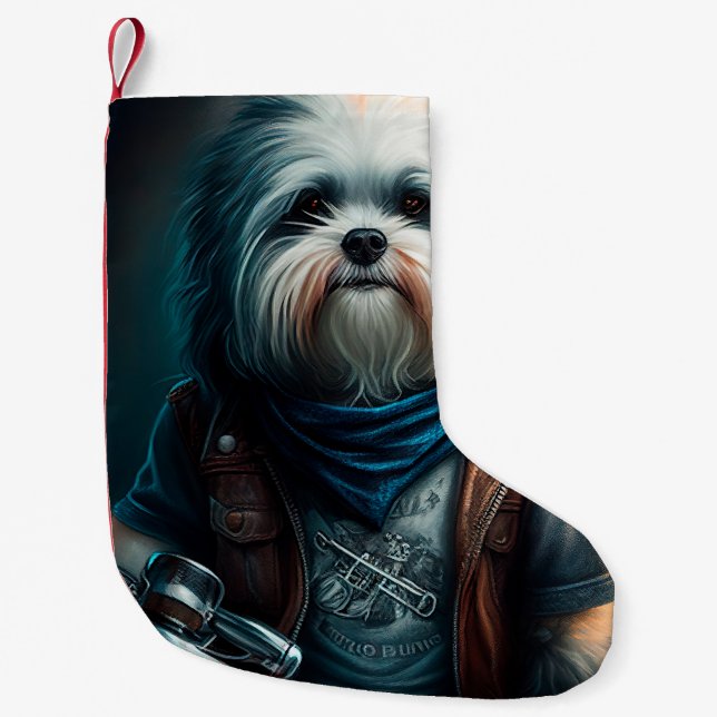Havanese dog on bike digital painting small christmas stocking (Front)