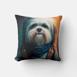 Havanese dog on bike digital painting throw pillow