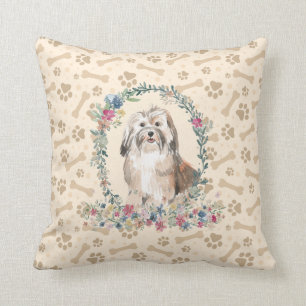 Havanese Dog Paw Print & Floral Cute Throw Pillow