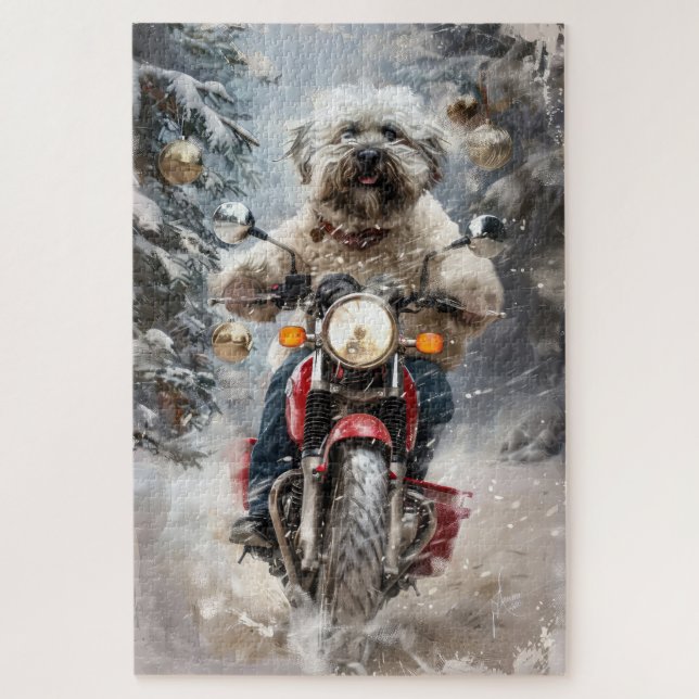 Havanese Dog Riding Motorcycle Christmas Jigsaw Puzzle (Vertical)
