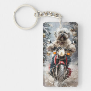 Havanese Dog Riding Motorcycle Christmas Keychain