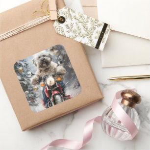 Havanese Dog Riding Motorcycle Christmas Square Sticker