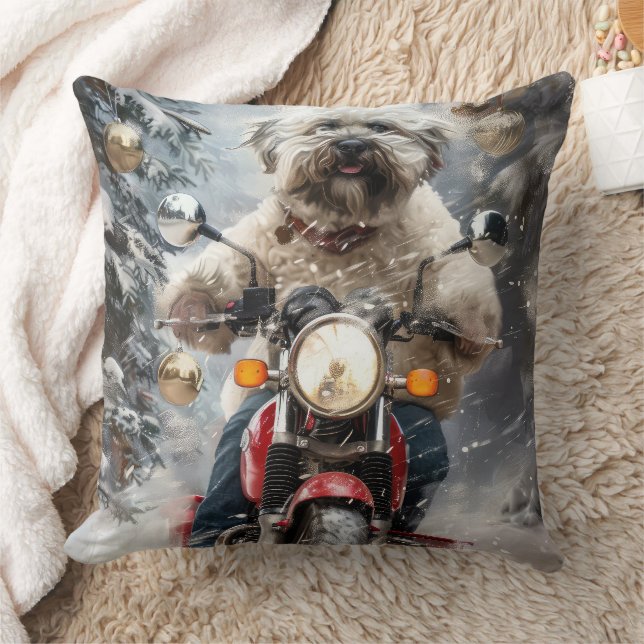 Havanese Dog Riding Motorcycle Christmas Throw Pillow (Blanket)
