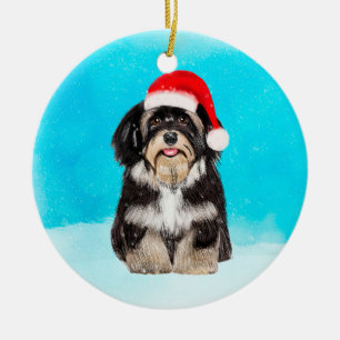 Havanese Dog Sitting In Snow Christmas Hat Ceramic Ornament