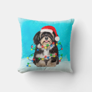 Havanese Dog Sitting On Beach Christmas Hat Lights Throw Pillow