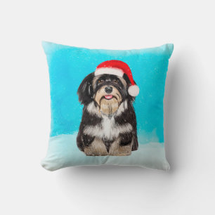Havanese Dog Sitting On Beach Christmas Hat Throw Pillow