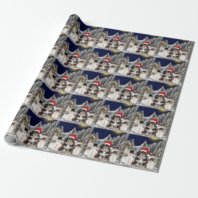 Havanese Dog Sitting On Beach Christmas Hat Wrapping Paper (Unrolled)