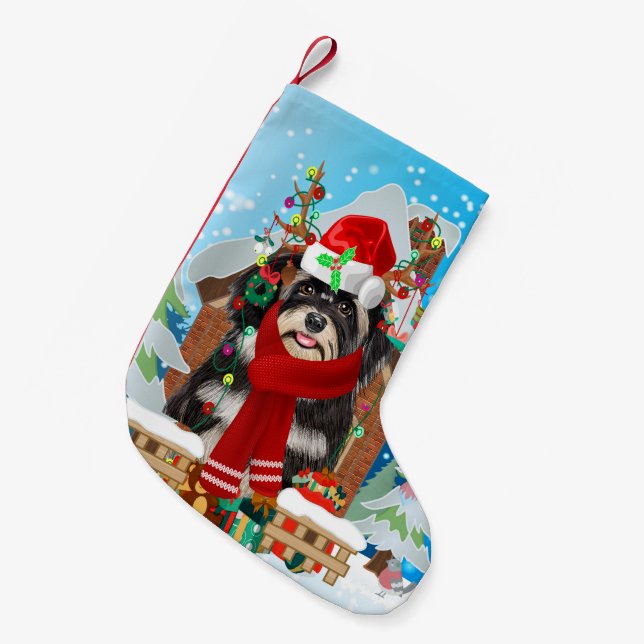 Havanese dog with Christmas gifts Small Christmas Stocking (Front (Hanging))