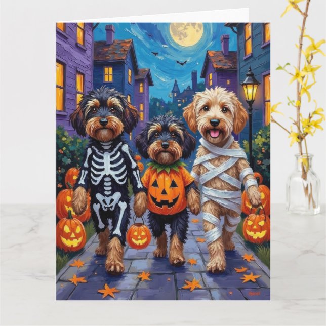 Havanese Dogs Trick-or-Treating Halloween Costumes Card (Yellow Flower)