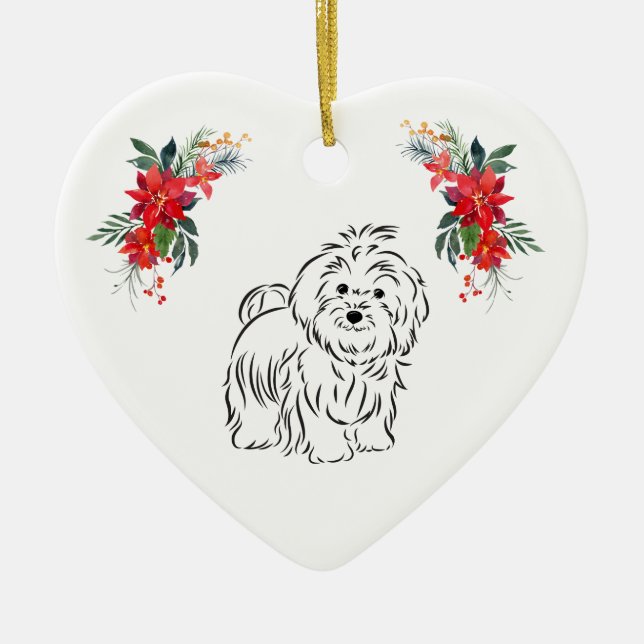 Havanese Drawing with Name Poinsettia Ceramic Ornament (Front)