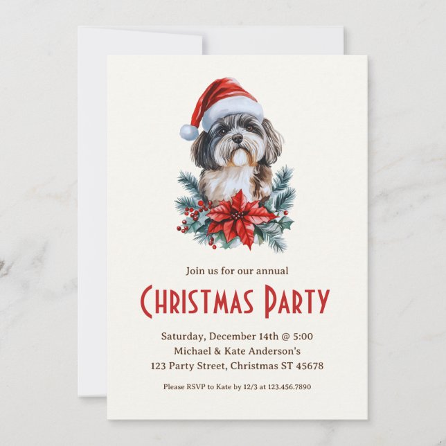 Havanese in a Santa Hat White Dog Christmas Party Invitation (Front)