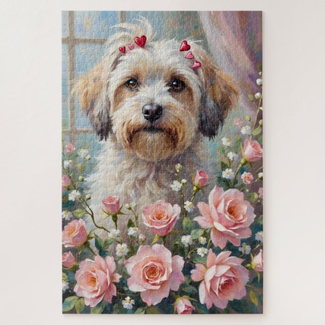 Havanese Peeking from Valentine's Rose Bouquet Jigsaw Puzzle (Vertical)