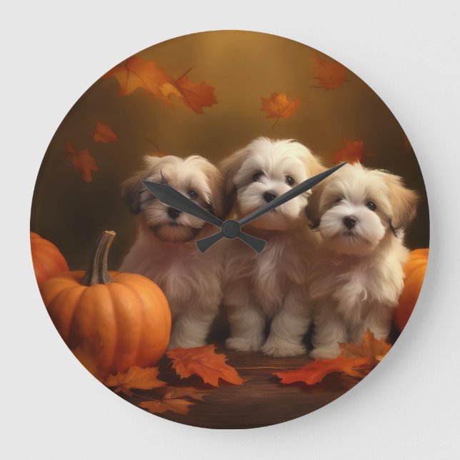 Havanese Puppy Autumn Delight Pumpkin Large Clock (Front)