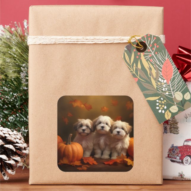 Havanese Puppy Autumn Delight Pumpkin Square Sticker (Holiday)