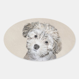 Havanese Puppy Painting - Cute Original Dog Art Oval Sticker
