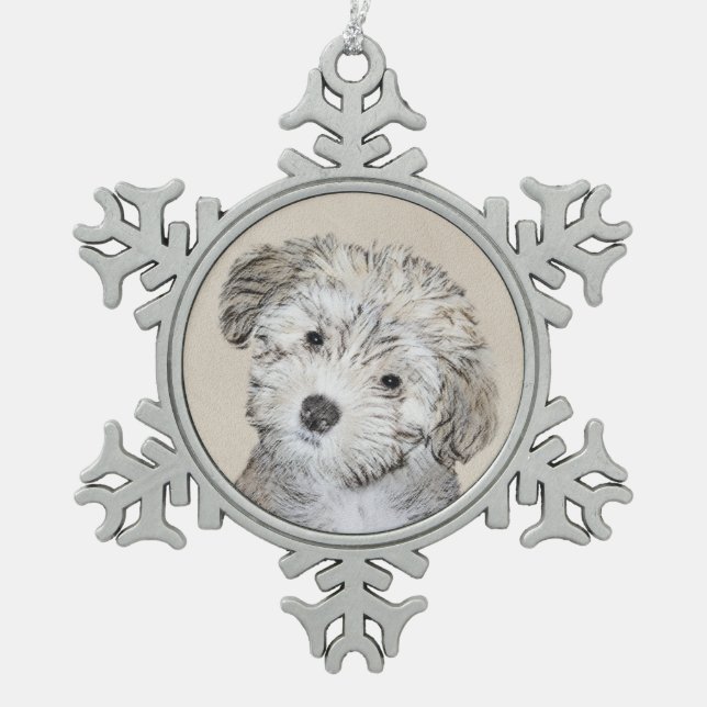 Havanese Puppy Painting - Cute Original Dog Art Snowflake Pewter Christmas Ornament (Front)