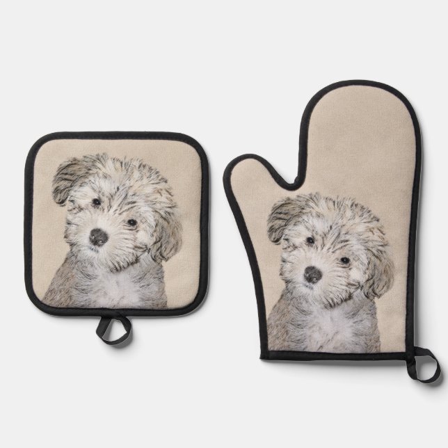 Havanese Puppy Painting Sable Original Pet Dog Art Oven Mitt & Pot Holder Set (Front)