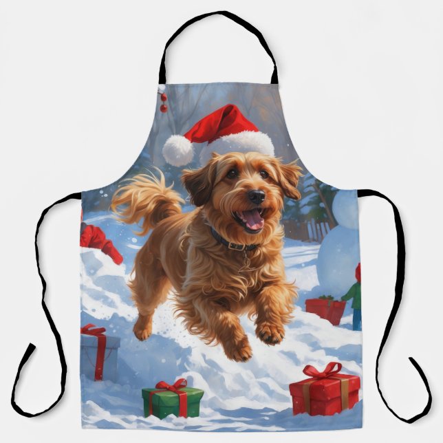 Havanese Running in Snow with Christmas Hat Apron (Front)