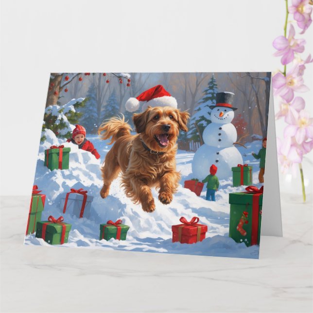 Havanese Running in Snow with Christmas Hat Card (Orchid)