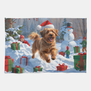 Havanese Running in Snow with Christmas Hat Kitchen Towel
