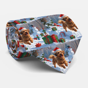 Havanese Running in Snow with Christmas Hat Tie