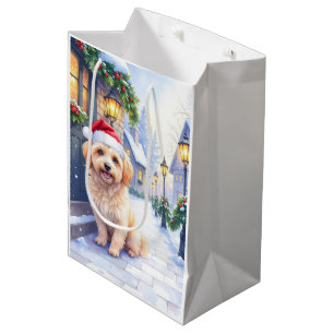 Havanese Snowy Village Walk Santa Hat Christmas Medium Gift Bag