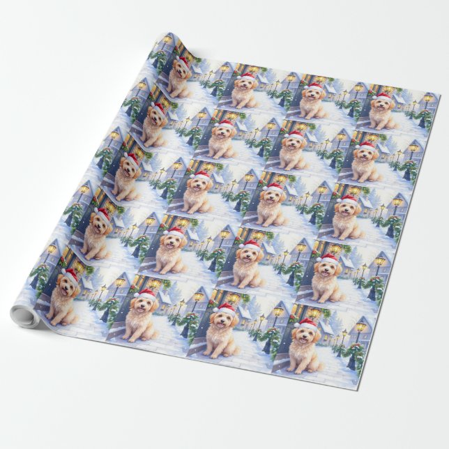 Havanese Snowy Village Walk Santa Hat Christmas Wrapping Paper (Unrolled)