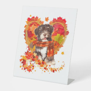 Havanese With Heart Made Of Autumn Leaves Pedestal Sign