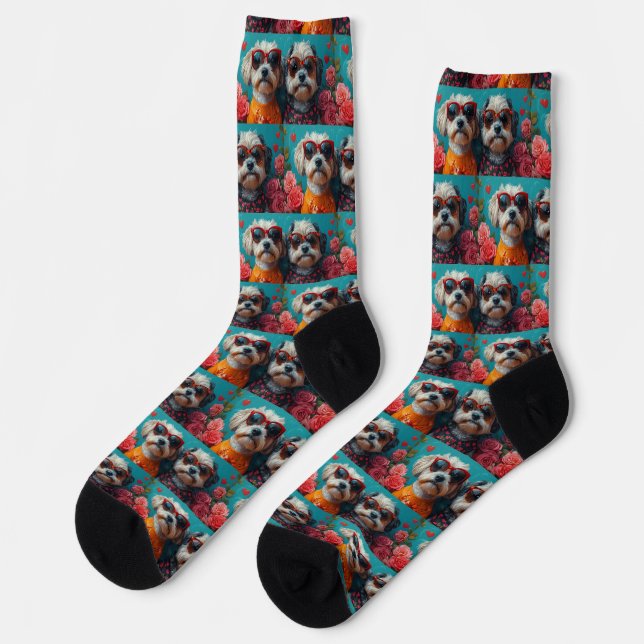 Havanese With Heart Roses Valentine's Day Socks (Left)