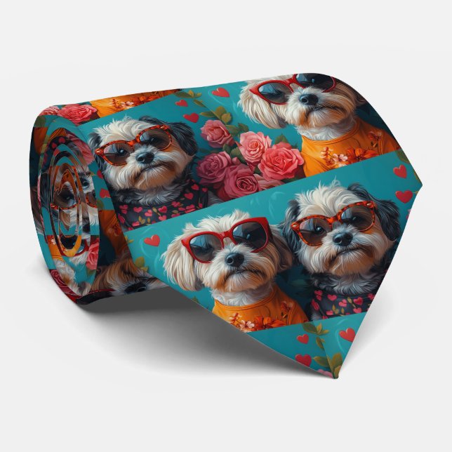 Havanese With Heart Roses Valentine's Day Tie (Rolled)