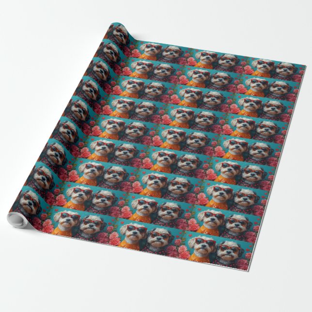 Havanese With Heart Roses Valentine's Day Wrapping Paper (Unrolled)