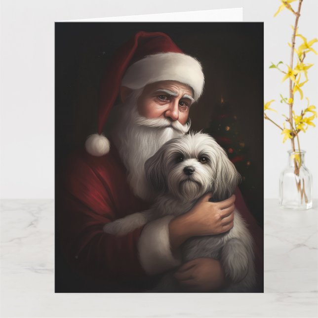 Havanese With Santa Claus Festive Christmas Card (Yellow Flower)