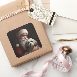 Havanese With Santa Claus Festive Christmas Square Sticker