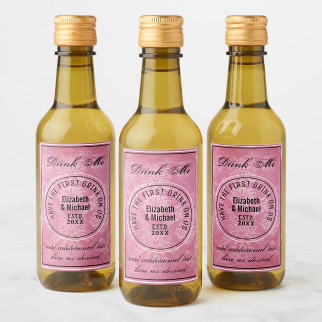 Have 1st Drink On Us - DRINK ME Pink Wedding Favou Wine Label (Bottles)