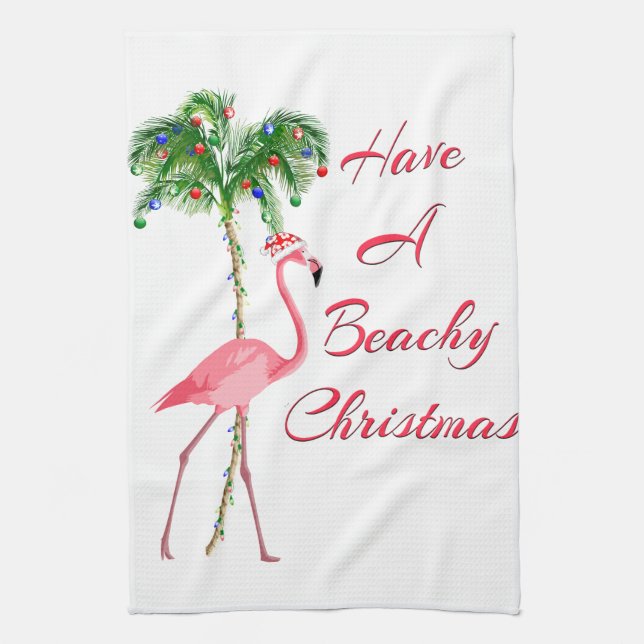 Have A Beachy Christmas Flamingo Kitchen Towel (Vertical)