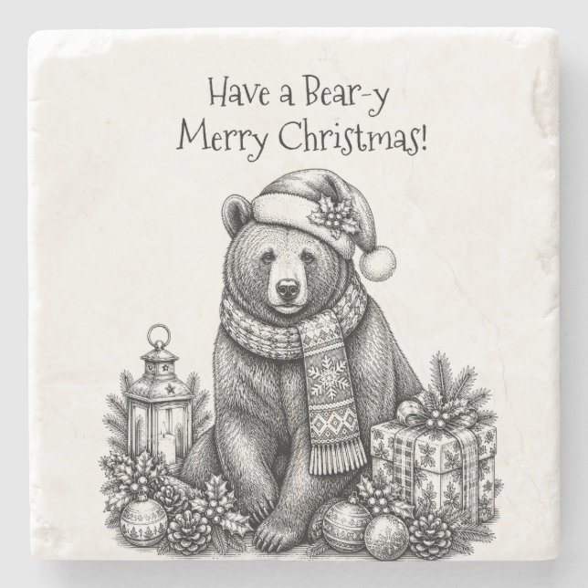 Have a Bear-y Merry Christmas Stone Coaster (Front)