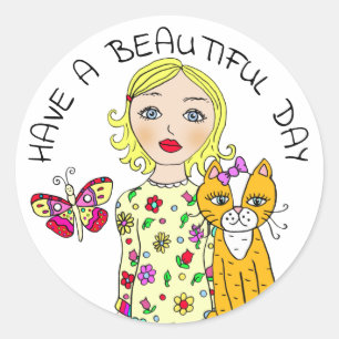 Have a Beautiful Day Whimsical Folk Art Girl Classic Round Sticker