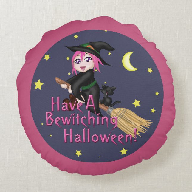 Have A Bewitching Halloween! Round Pillow (Back)