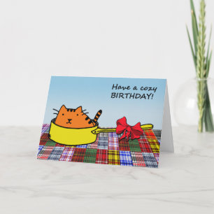 Have a Cozy Birthday! Cute Cat in Pan with Bow Card