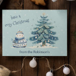 Have A Cozy Christmas Family Snowman Holiday Card<br><div class="desc">Have A Cozy Christmas Family Snowman And Christmas Tree Christmas Card. Personalize with your family name.</div>