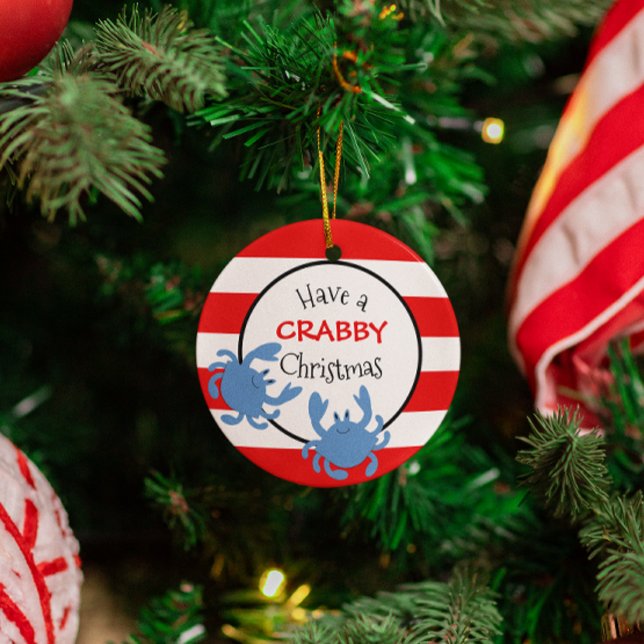 Have a Crabby Christmas Red Nautical Stripe Metal Ornament (Creator Uploaded)
